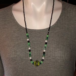 Long Christmas necklace green black beaded NEW
